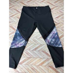 Gaiam Womens Black Athletic Leggings Geometric Print Mesh Insert L Workout Large